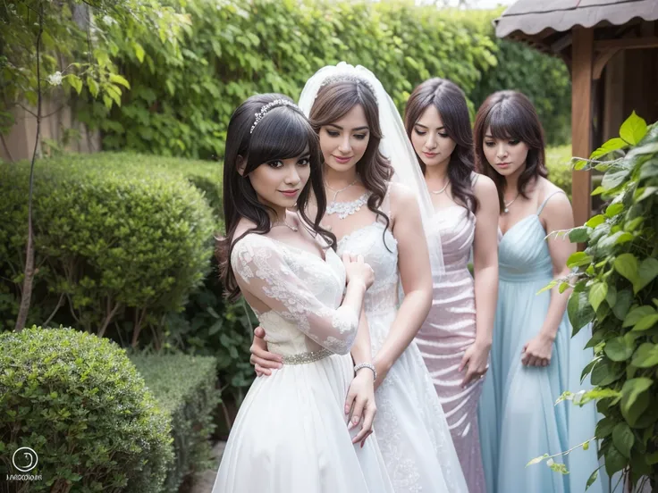 4 women Line up in a seductive mini dresses and tight g-strings, beautiful detailed eyes,beautiful detailed lips,extremely detailed eyes and face,longeyelashes,smiling,high heels,bangs,outdoor garden,bride and groom,wedding venue,best quality,4k,8k,highres...