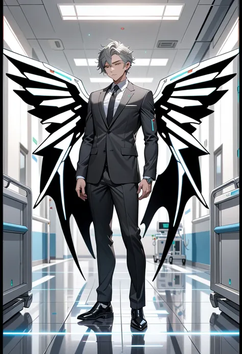 masterpiece, highest quality, highest resolution, clear_image, detailed details, gray hair, 1 boy, futuristic wings, black suit, full body, no water marks, hospital, no extra limps, no extra body