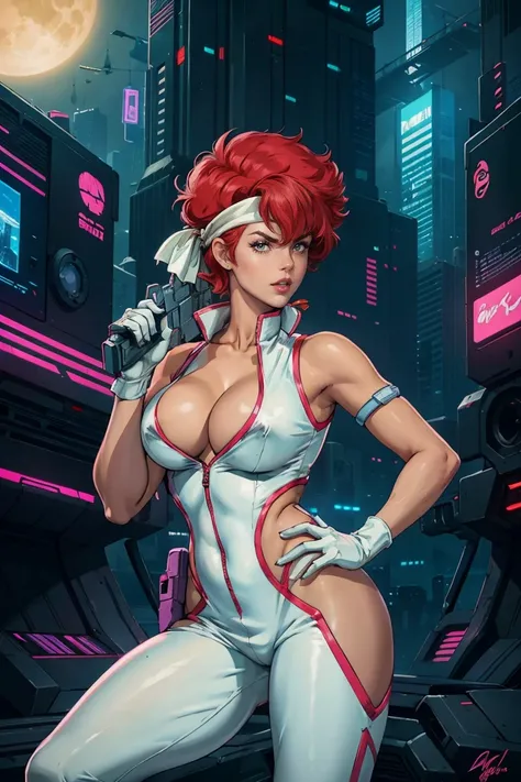 best quality,ultra-detailed,portrait of YKei from The Dirty Pair,realistic,animesque, vibrant colors,bold and dynamic pose,powerful expression,beautiful detailed eyes,intense,sharp focus,medium:anime style,short red hair,wearing her signature white jumpsui...