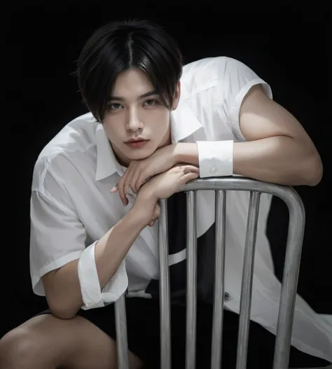 Handsome boy with short hair, sitting on a metal chair on reverse, resting his left arm without tattoos on the back of the chair, and having his right arm bent upward, placing his index finger on his lips as a sign of silence.. 