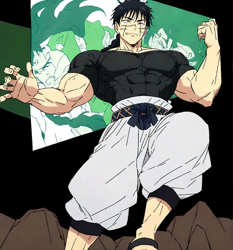 best qualityer,work of art,face detailed, anime 4k, tall muscular man, with medium straight and messy black hair, your eyes are green, and he has thin black eyebrows and a scar on the right corner of his lip. short sleeve fitted shirt, Baggy white martial ...