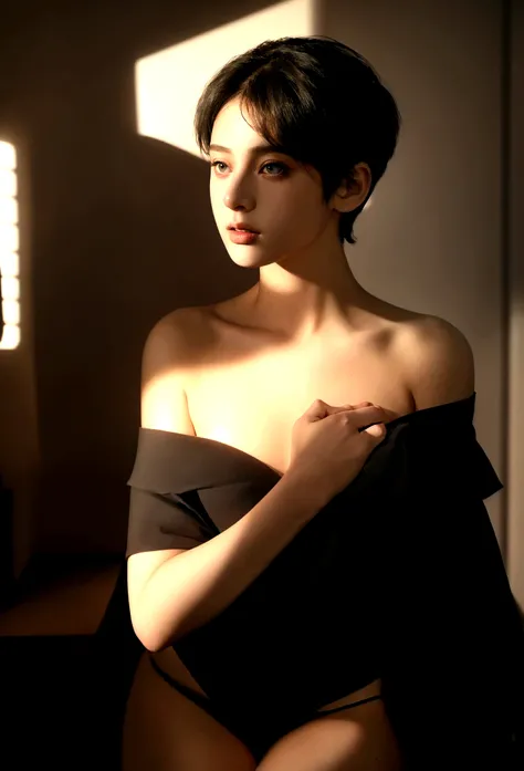 girl wearing off-the-shoulder underwear, short hair, sexy look, in dark environment, deep shadows, low key lighting, , (best quality, masterpiece, ultra-detailed, photorealistic:1.5, raw photo)