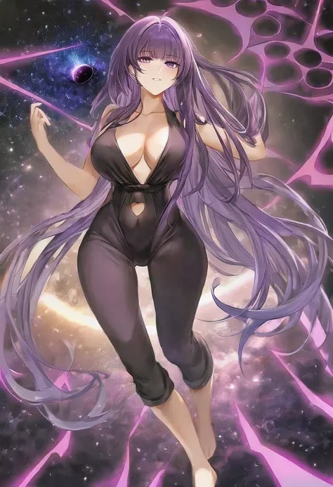 Athena，Purple one-way slightly messy long hair，Purple Eyes，Black one-piece dress，But the jumpsuit is sexy，barefoot，A black hole in the universe，Purple and black black hole，Draw a good look，The facial features should be normal，Normal body proportions