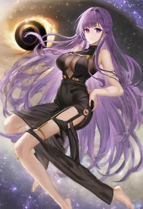 Athena，Purple one-way slightly messy long hair，Purple Eyes，Black one-piece dress，But the jumpsuit is sexy，barefoot，A black hole in the universe，Purple and black black hole，Draw a good look，The facial features should be normal，Normal body proportions