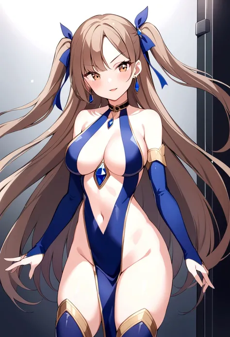 slender, mature female, breasts, rating:safe, 1girl, long_hair, jewelry, navel, earrings, bare_shoulders, cleavage, solo, looking_at_viewer, brown_hair, elbow_gloves, stomach, hair_ribbon, bangs, pelvic_curtain, gloves, thighs, blue_ribbon, ribbon, brown_e...