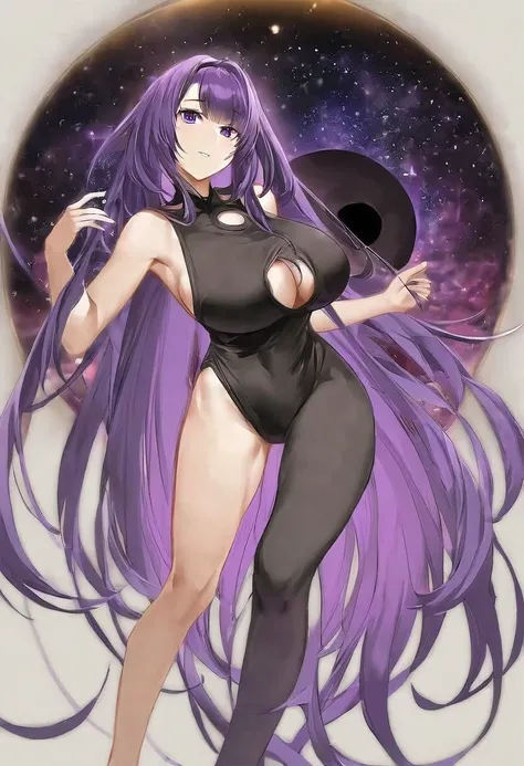 Athena，Purple one-way slightly messy long hair，Purple Eyes，Black one-piece dress，But the jumpsuit is sexy，barefoot，A black hole in the universe，Purple and black black hole，Draw a good look，The facial features should be normal，Normal body proportions