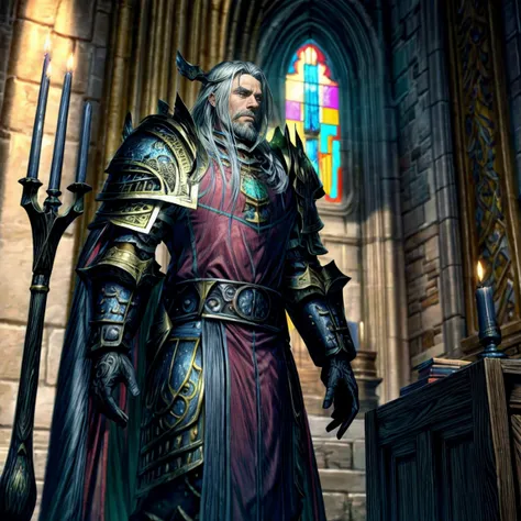 draego, a medieval knight in shining armor, standing in front of an altar in a large cathedral, dramatic backdrop, high contrast...