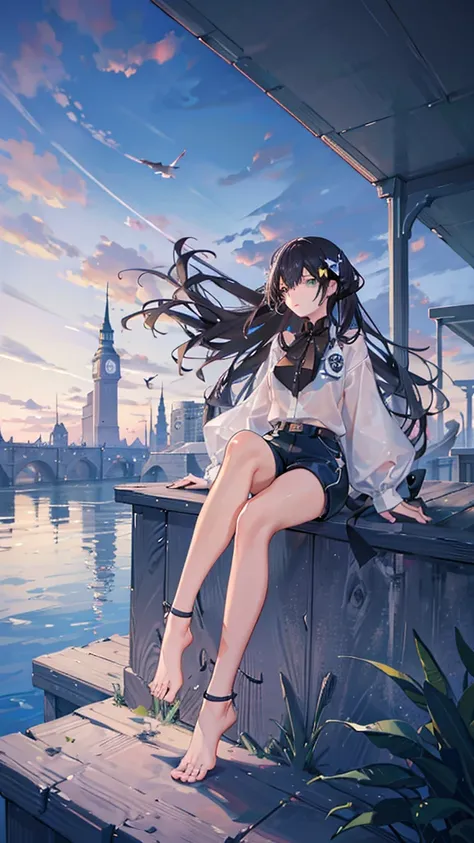 masterpiece, Exquisite detail,Highest quality, One girl, alone, handrail, cloud, Looking up at the buildings,Long Hair, zero, Long sleeve, Power lines, White footwear, Black Hair, View your viewers, Electric pole, bangs, cloudy zero, fish, bird, Green Eyes...