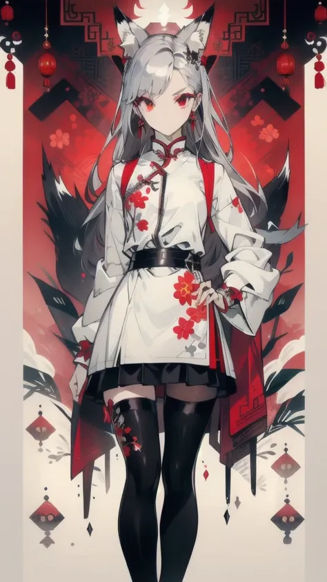 (masterpiece, best quality) detailed, Wearing black tights, silver accessories , The zipper is not closed , bionde ,elegant, (Fox ears)，Red Eyeshadow, ，Chinese element pattern，thigh，Leaking thigh，White shirt