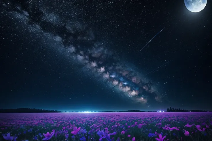 night sky with stars and flowers, a digital painting by Kaii Higashiyama, deviantart, conceptual art, field of flowers at night, night sky full of flowers, moonlight shining on wildflowers, blue flower field, luminous flowers, glowing flowers, starry-night...