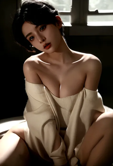 girl wearing off-the-shoulder underwear, short hair, sexy look, in dark environment, deep shadows, low key lighting, , (best quality, masterpiece, ultra-detailed, photorealistic:1.5, raw photo)