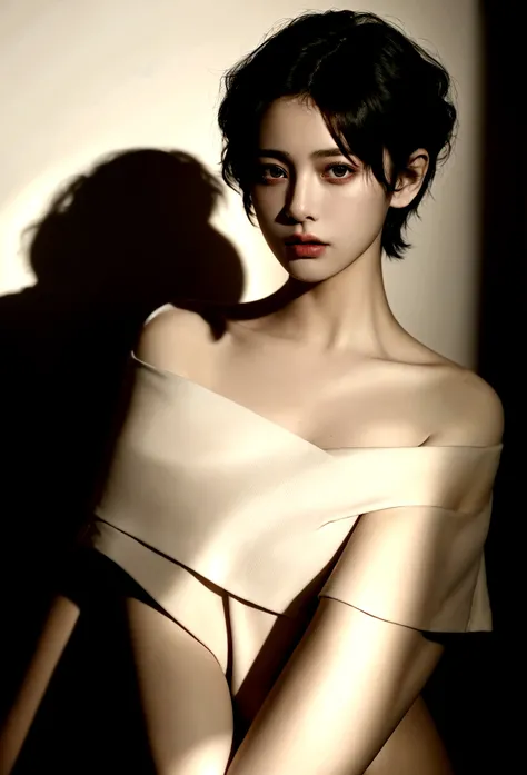 girl wearing off-the-shoulder underwear, short hair, sexy look, in dark environment, deep shadows, low key lighting, , (best quality, masterpiece, ultra-detailed, photorealistic:1.5, raw photo)