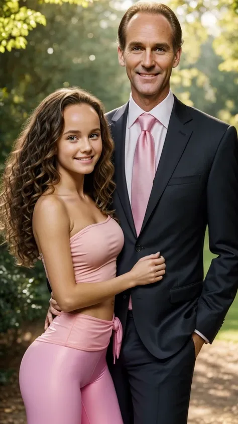 Only two peoples, a blonde girl, 13 years old, pink strapless top, pink leggings to middle buttock, perfect face, perfect body, standing next to a tall thin man of 49 years old wide forehead with long black curly hair and dressing full tie suit, hugged, pa...