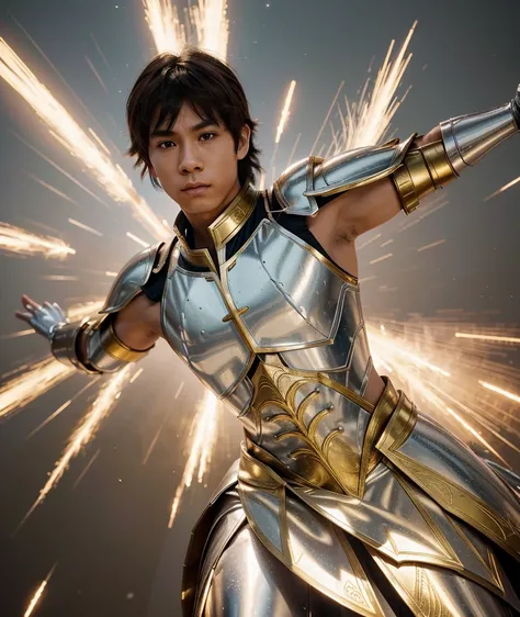 Pegasus Seiya, a young warrior with brown hair stands in an attacking pose.  He wore white armor with red and gold accents, protecting his body from head to toe.  This armor has a futuristic and dynamic design.  Behind him there is a visual of a blue winge...