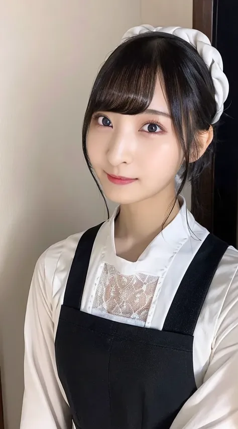 An innocent 20-year-old girl、((Maid, Black-haired, apron, Maidの頭飾り, Single hair bun, Hair Bun, Maidapron, Dramatic Pose)),smile,Modern Room,shortcut、RAW Photos, (8K、Highest quality、masterpiece:1.2)、(Intricate details:1.4)、(Photorealistic:1.4)、Octane Render...