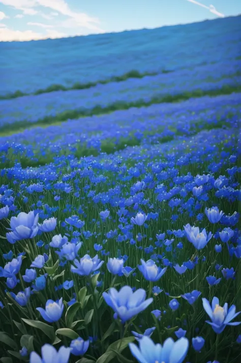 a close up of a bunch of blue flowers in a field, blue flowers bloomed all over, blue flowers, blue flower field, mediumslateblue flowers, lots blue colours, by Anato Finnstark, crown of blue flowers, by Kanō Tanyū, pale blue eyes!, blue flowers accents, b...