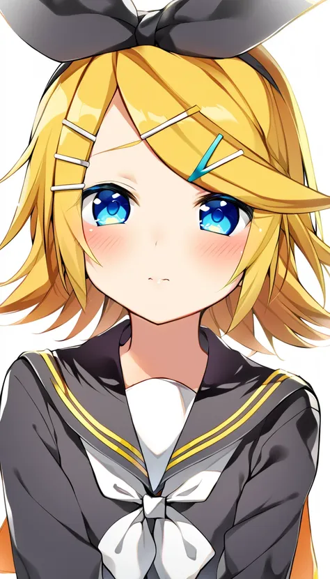 one girl, kagamine rin, vocaloid, blue eyes, simple background, sailor collar, black sleeve, hair clip, hair bow, fourteen years...