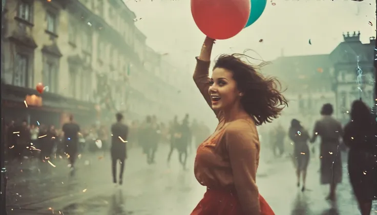 35mm vintage street photo of a cute beautiful lady jumping high, big breast, bouncing breast, skies full of colourful balloon, bokeh, professional