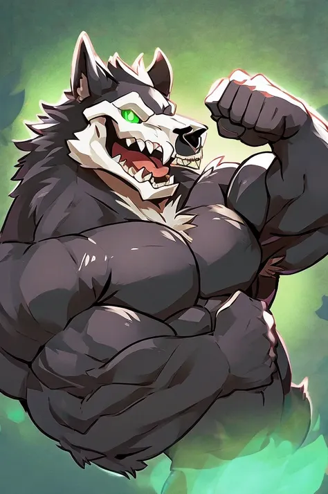 a hulking skull faced wolf creature with black fur, giant pecs, glowing green eyes, bangs, flexing, cheerfully smiling