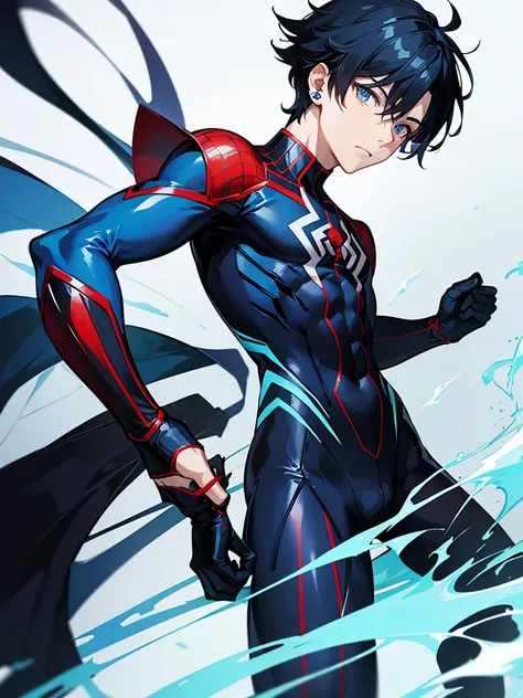 Anime boy wearing blue and white spiderman suit black hair blue highlight with piercing