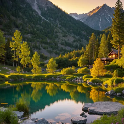 A pond deep in the mountains at dusk, shining gold, realistic, detailed, beautiful scenery, small pond