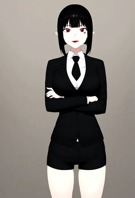 alone,独奏,Beautiful girl, shorth hair, wearing a formal suit, necktie, large breasted, sensuous, lipstick, smilling face, gorgeous eyes, Bblack hair, Clean and combed hair, rot (x) Behind her,shorts curto, whole body,crossed arms,shorts curto
