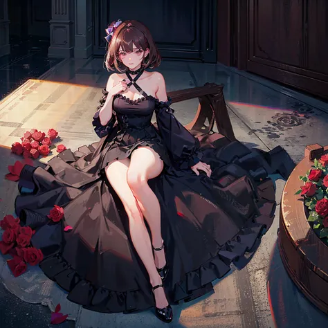 female laid on the floor, rotting roses, black dress, big bow laid aside of her, top point of view, long brown hair, magenta eyes