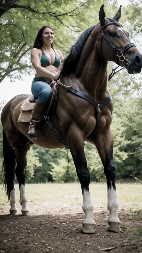 Highest quality, rear angle, low level shot, photo of a Solo milf, cowgirl at western, hot fleshy top-rated cougar, leather bikini top, (g-strings thong with cowboy belt), cowboy boots, fullbody pose, outdoors, in scenic high-fantasy country side woodlands...