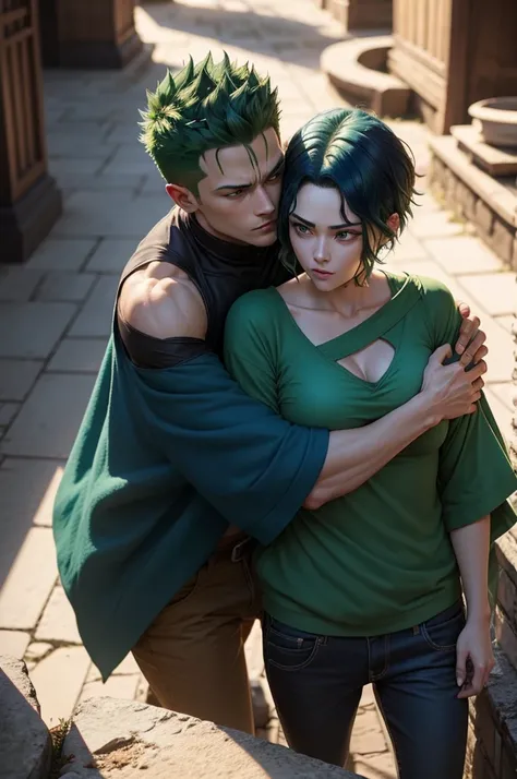 Lena with short dark blue hair hugging Zoro with green hair, strong man in love standing, walking