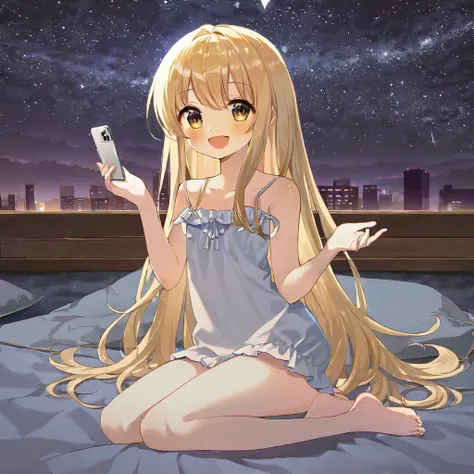 masterpiece、highest quality、Depth of object being written、((night))、((starry sky))、one beautiful girl、11 years old、long beautiful hair、blonde、cute、beautiful detailed eyes、((camisole dress))、warm color、((barefoot))、smartphone、((Very happy face))、open your m...