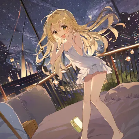 masterpiece、highest quality、Depth of object being written、((night))、((starry sky))、one beautiful girl、11 years old、long beautiful hair、blonde、cute、beautiful detailed eyes、((camisole dress))、warm color、((barefoot))、smartphone、((Very happy face))、open your m...