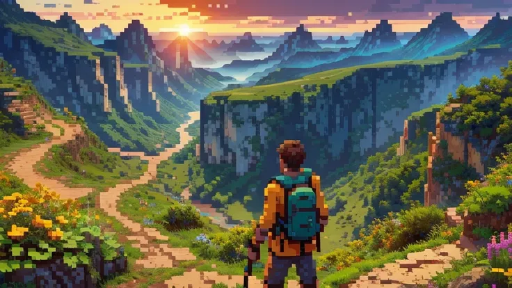 create a 720-bit style image of an adventurer standing at the edge of a cliff, gazing out at a detailed, vibrant horizon. the ad...