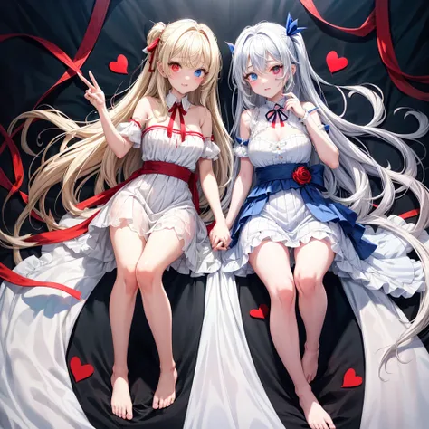 
2 beautiful girls, anime, barefoot,
The first girl wore a beautiful white dress. with a blue ribbon accent at the waist, has white wavy hair, and has heterochromia eyes, with one sky blue eye and one blood red eye. he also wore a very beautiful heart-shap...