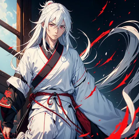 One boy as a samurai with long white hair and red left eyes blue right eyes 