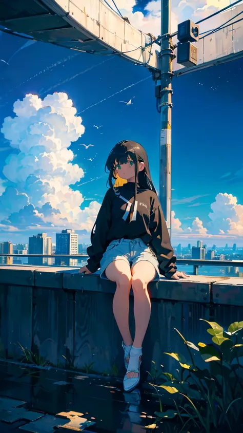 masterpiece, exquisite detail,highest quality, one girl, alone, handrail, cloud, looking up at the buildings,long hair, zero, lo...