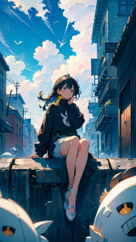 masterpiece, Exquisite detail,Highest quality, One girl, alone, handrail, cloud, Looking up at the buildings,Long Hair, zero, Long sleeve, Power lines, White footwear, Black Hair, View your viewers, Electric pole, bangs, cloudy zero, fish, bird, Green Eyes...