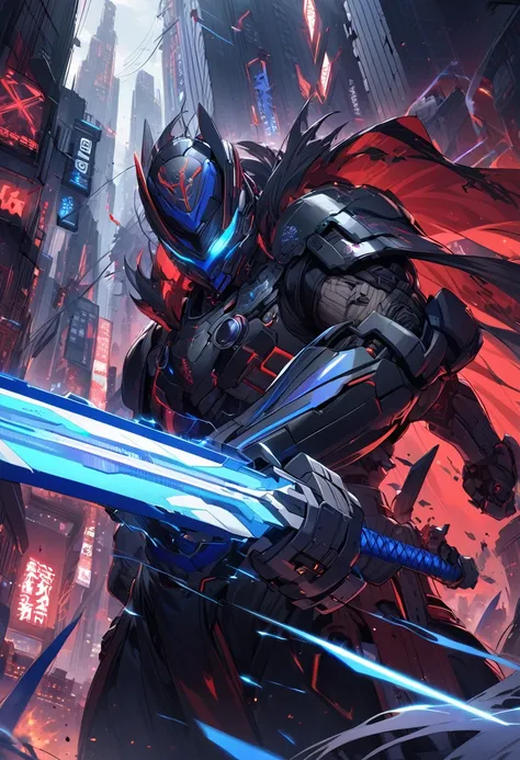 "Create a dynamic and intense scene featuring a cybernetic human ninja clashing with a formidable, larger cybernetic martial artist. The ninja, agile and sleek, wields a sword in each hand, their futuristic battle armor glinting under the neon lights of th...