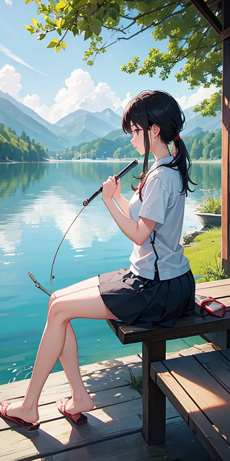 Woman fishing alone on a lake、Long fishing rod、Daytime、Sit by the lake、I&#39;m a little 、Wearing a hoodie、summer、Crystal clear water