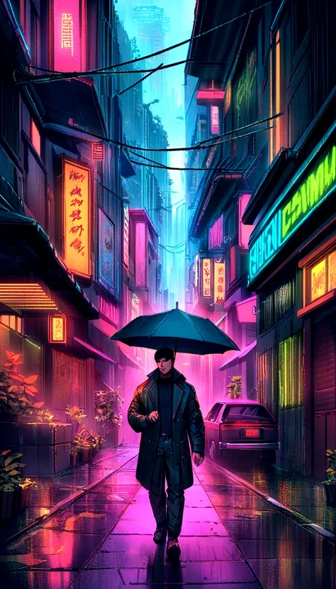 a person walking down a street with a umbrella in the rain, inspired by Liam Wong, china town blade runner, by Kilian Eng, ( ( ( ( ( dan mumford ) ) ) ) ), cyberpunk street, cyberpunk streets in japan, cyberpunk anime art, cyberpunk art style, cyberpunk al...