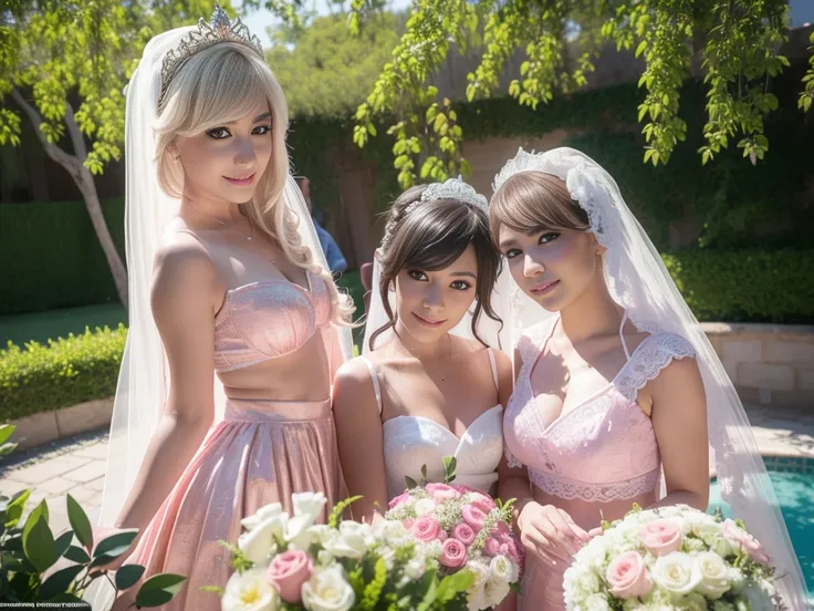 4 women Line up in a seductive pink mini dress and tight white bikini g-strings, Take a photo together, beautiful detailed eyes,beautiful detailed lips,extremely detailed eyes and face,longeyelashes,smiling,high heels,bangs,outdoor garden,bride and groom,w...