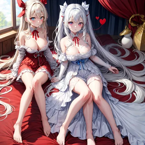 2 beautiful girls, anime, barefoot,
The first girl wore a beautiful white dress. with a blue ribbon accent at the waist, has white wavy hair, and has heterochromia eyes, with one sky blue eye and one blood red eye. he also wore a very beautiful heart-shape...