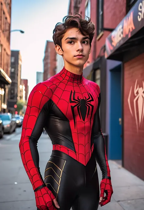 A twenty year old handsome hispanic. with short brown hair cosplaying a red and black spiderman suit. Well toned body and sharp jawline