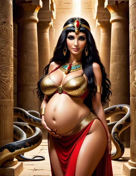 elegant goddess cleopatra,queen of egypt,mature woman,pregnant with octuplet snakes,egyptian fertility goddess with snake skin,sexy,maternal figure,ancient egypt,large breasts,egyptian temple,red and sand colored dress,form-fitting,translucent clothing,lon...