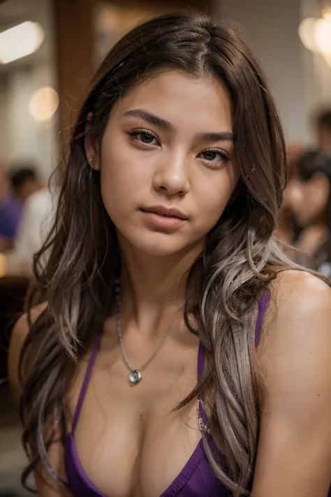 Gritty candid raw portrait, close-up photo of a beautiful 18-year-old with mixed Spanish and Korean heritage, expressive brown eyes, full lips, high cheekbones, long wavy purple and silver hair, realistic skin texture, athletic and fit, modern bohemian sty...