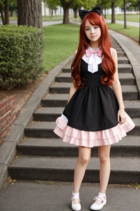 Create a  with long red hair, dark brown eyes, pink dress, black shoes and a white bow in her hair anime