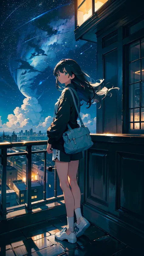 masterpiece, exquisite detail,highest quality, one girl, alone, handrail, cloud, looking up at the buildings,long hair, zero, lo...