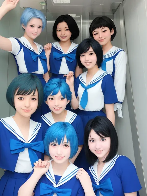 Japanese、middle School girls、14 years old、One person、Sailor Mercury Cosplay、short hair、Light blue hair、smile、pose、Elevator
