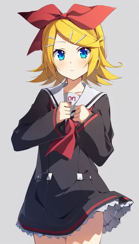 one girl, kagamine rin, vocaloid, blue eyes, simple background, sailor collar, black sleeve, hair clip, hair bow, fourteen years...