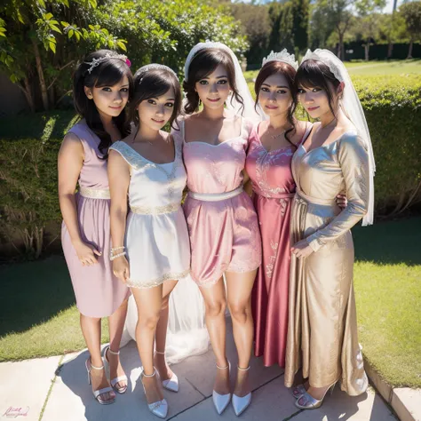 4 women Line up in a seductive pink mini dress and tight white bikini g-strings, Take a photo together, standing stylish, beautiful detailed eyes,beautiful detailed lips,extremely detailed eyes and face,longeyelashes,smiling,high heels,bangs,outdoor garden...