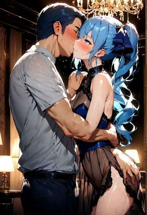 NSFW,masterpiece,Highest quality,High resolution,Super detailed,Star Town Suisei(Hololive),Blue Hair,One Side Ponytail,Blue Eyes,Small breasts,(High-quality see-through dress,silk),Estrus,smile,blush,(Sweat),Luxurious Room,Party Venue,chandelier,(Middle-ag...